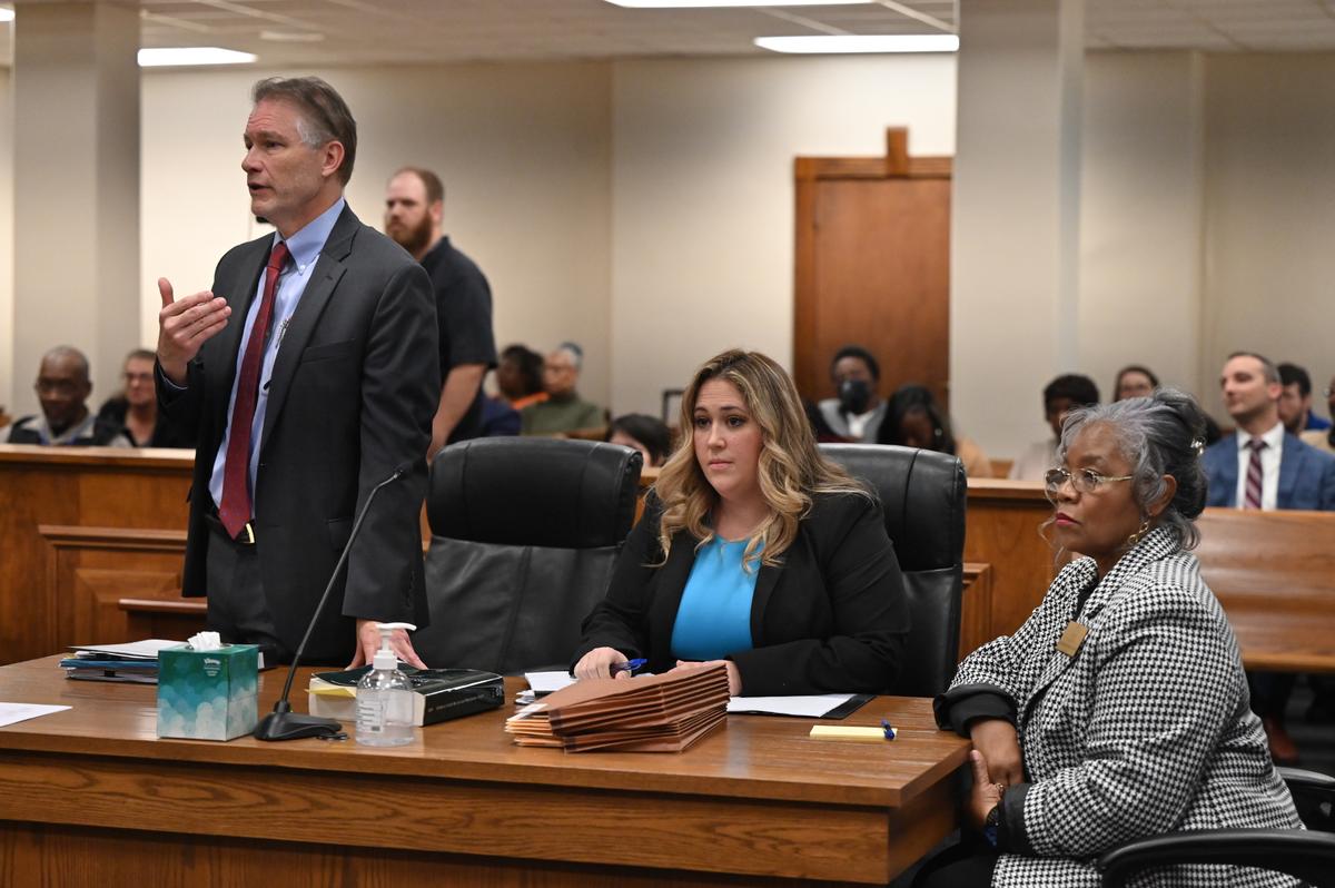 Macon-Bibb County, Ga. attorneys Duke Groover (left), Lauren Schultz (middle) and District 9 Commissioner Brendalyn Bailey speak at the Bibb County Superior Court on March 5, 2025. Gwenette Westbrooks, president of the NAACP Macon chapter alleged Bailey stalked her.