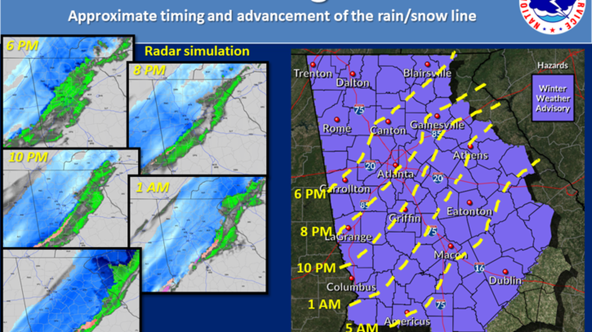 A strong arctic cold front will move through the region Tuesday and Tuesday night. Along with the front, a band of light-to-moderate snow wasexpected to move through as well. Here is the approximate timing of the rain-snow line, and a glimpse of what the radar may look like at that time.