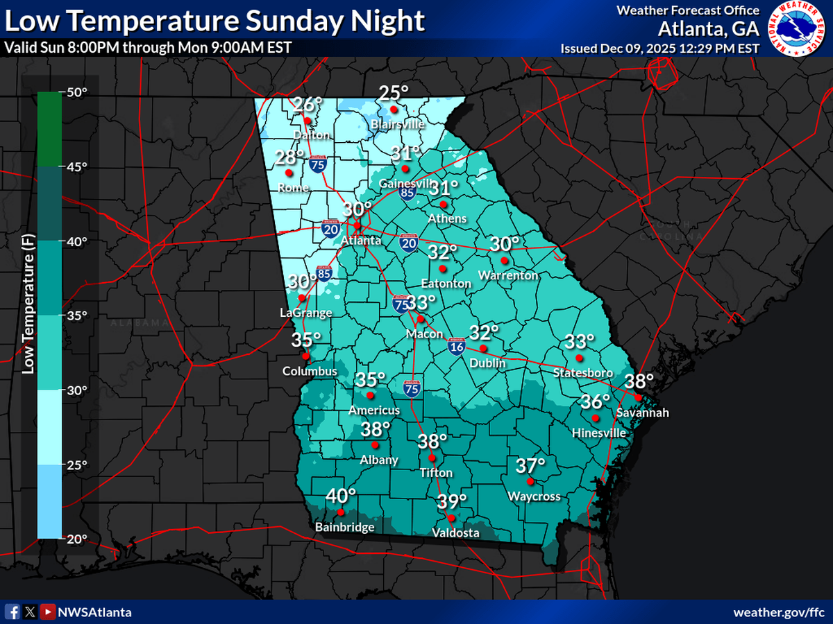 Temperature outlook for Sunday night in Georgia.