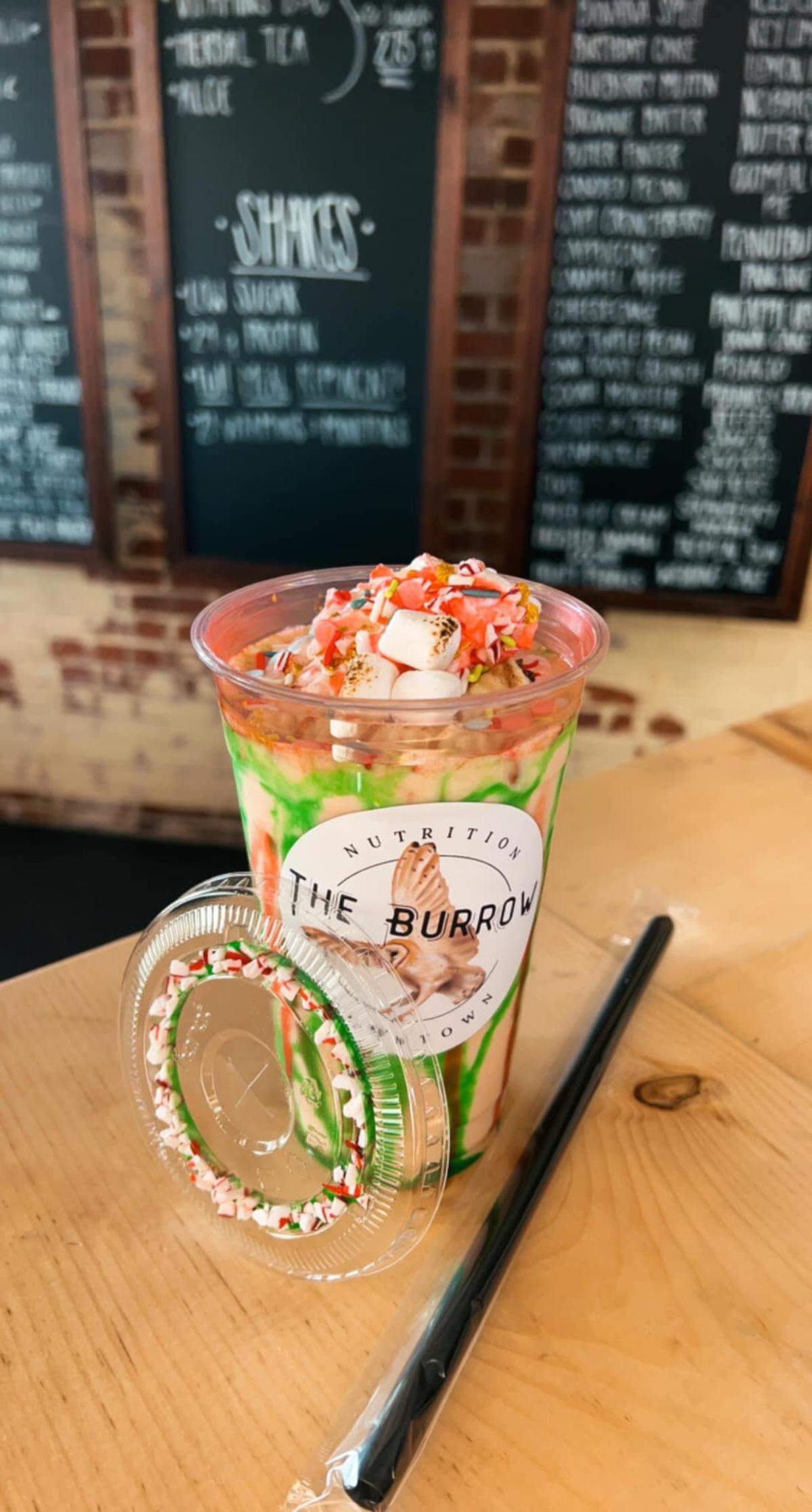 “The Ugly Christmas Sweater Shake,” a seasonal high protein shake at The Burrow Nutrition @ Downtown in downtown Macon.
