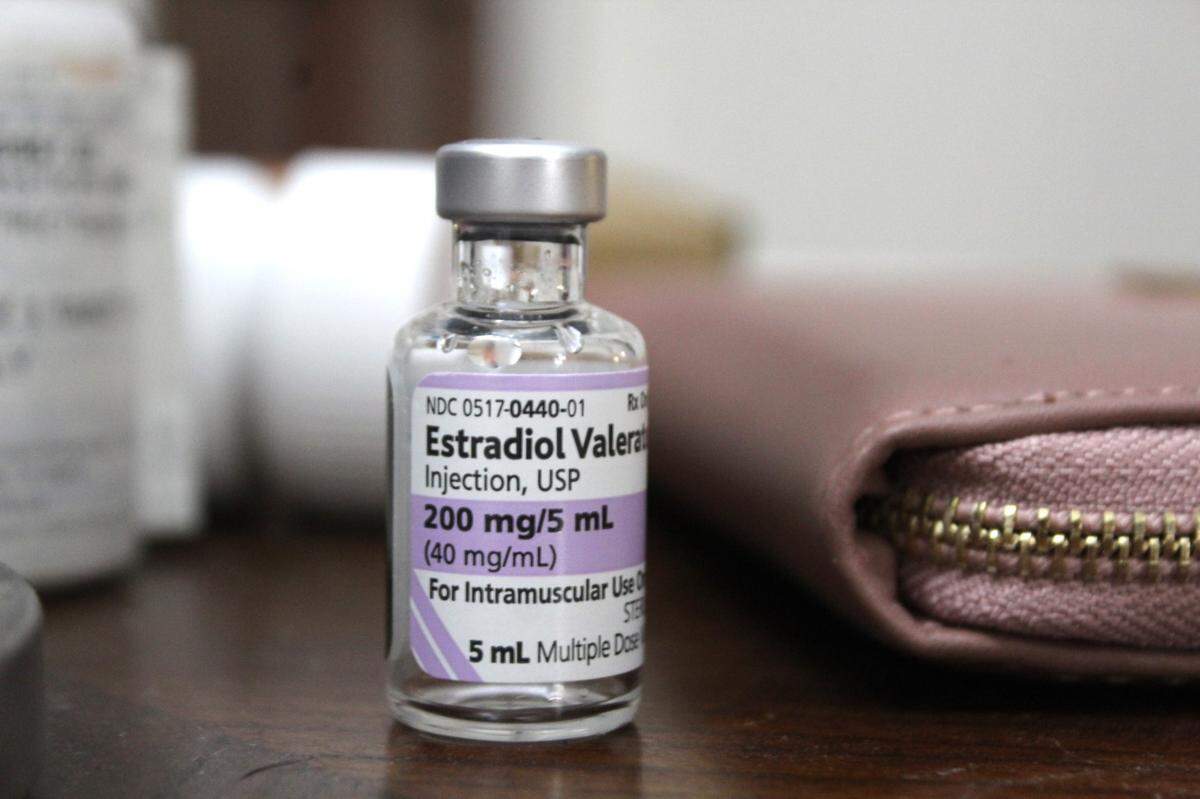 A vile of hormone replacement therapy in the form of estradoil valerate sits in Yutoya Avaze Leon’s house in Warner Robins, Ga. She receives the gender affirming medication from a friend because there are no doctors nearby who prescribe it.