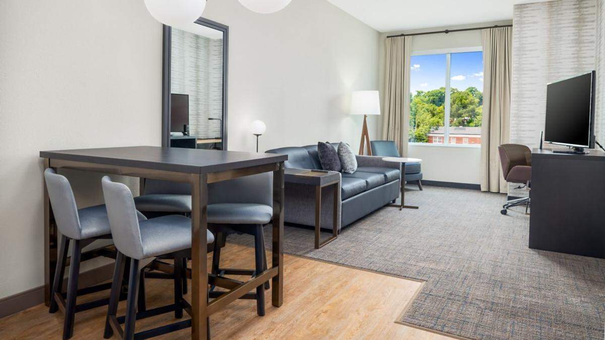 Living room of a one bedroom suite at a Residence Inn by Marriott in Decatur that also includes full kitchenette and two queen beds. The rooms at a New Residence Inn by Marriott in Warner Robins now under construction are expected to be similar, according the developer.