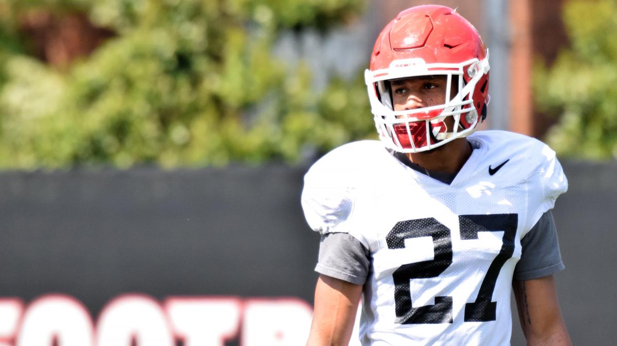 Georgia defensive back Eric Stokes (27) is pictured during the Bulldogs’ practice on the Woodruff Practice Fields in Athens on April 10.