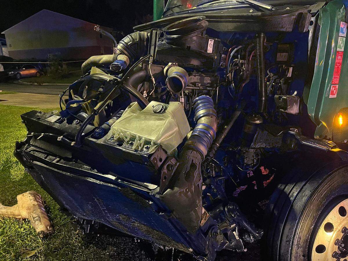 A semi-truck’s front tractor was destroyed after a head-on crash with an SUV on July 10, 2025, in Macon, Ga., the Bibb County coroner’s and sheriff’s office said. Donnie Paul Rowell, the SUV driver, died in the crash.