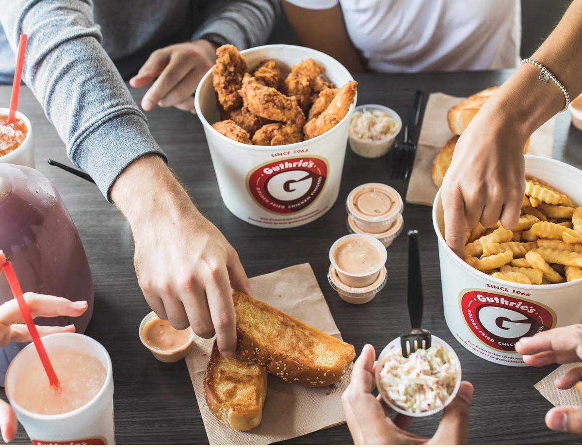 Guthrie’s offers golden fried chicken fingers, crispy fries, creamy coleslaw, buttery Texas toast and a signature sauce.