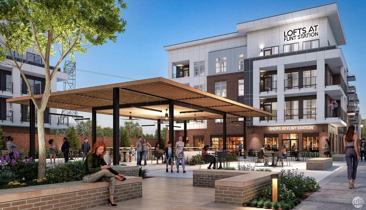 Rending of the retail plaza at the Lofts at Flint Station going up near the corner of South Houston Lake Road and Russell Parkway in Warner Robins.