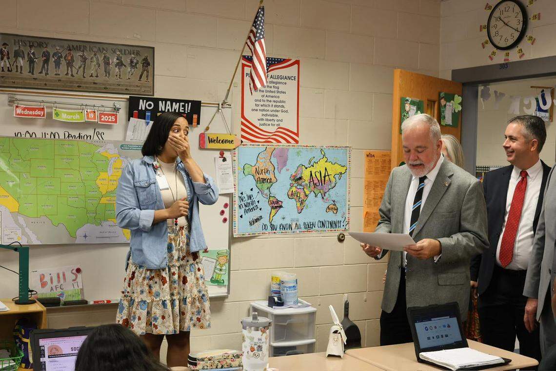 Georgia Superintendent Richard Woods informs Houston County elementary school teacher Jade Thomas with news that she has been selected as one of the state’s ten finalists for 2026 Teacher of the Year Award. Thomas teaches fourth grade at Lake Joy Elementary.