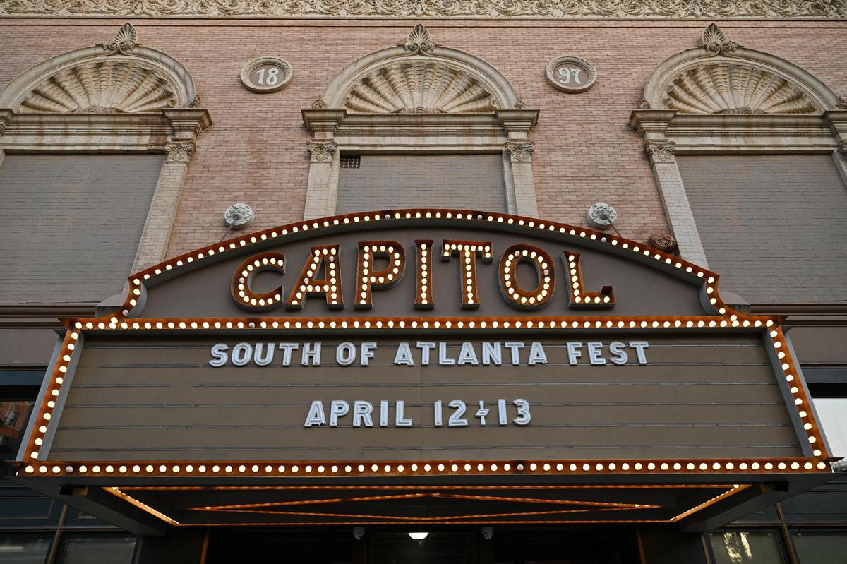 The Capitol Theatre marquee advertises the inaugural South of Atlanta Fest on Sunday, April 13, 2025, in downtown Macon, Georgia. Grammy nominated country artist Brent Cobb organized and headlined the two day music festival in Macon, highlighting local and state artists.