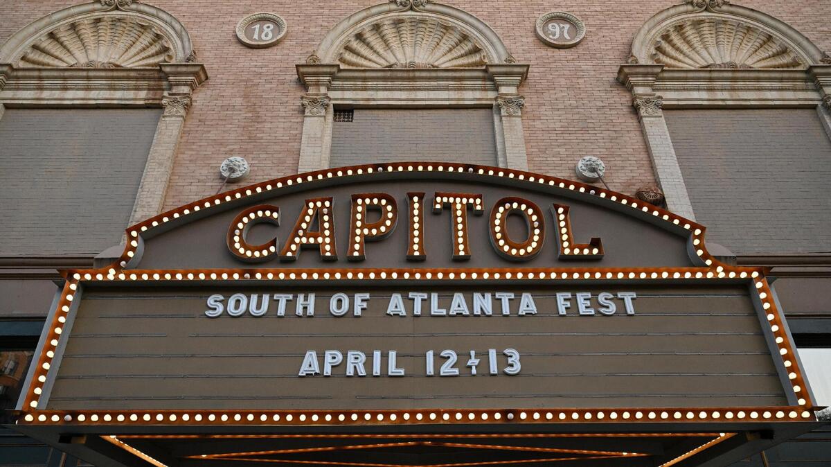 The Capitol Theatre marquee advertises the inaugural South of Atlanta Fest on Sunday, April 13, 2025, in downtown Macon, Georgia. Grammy nominated country artist Brent Cobb organized and headlined the two day music festival in Macon, highlighting local and state artists.