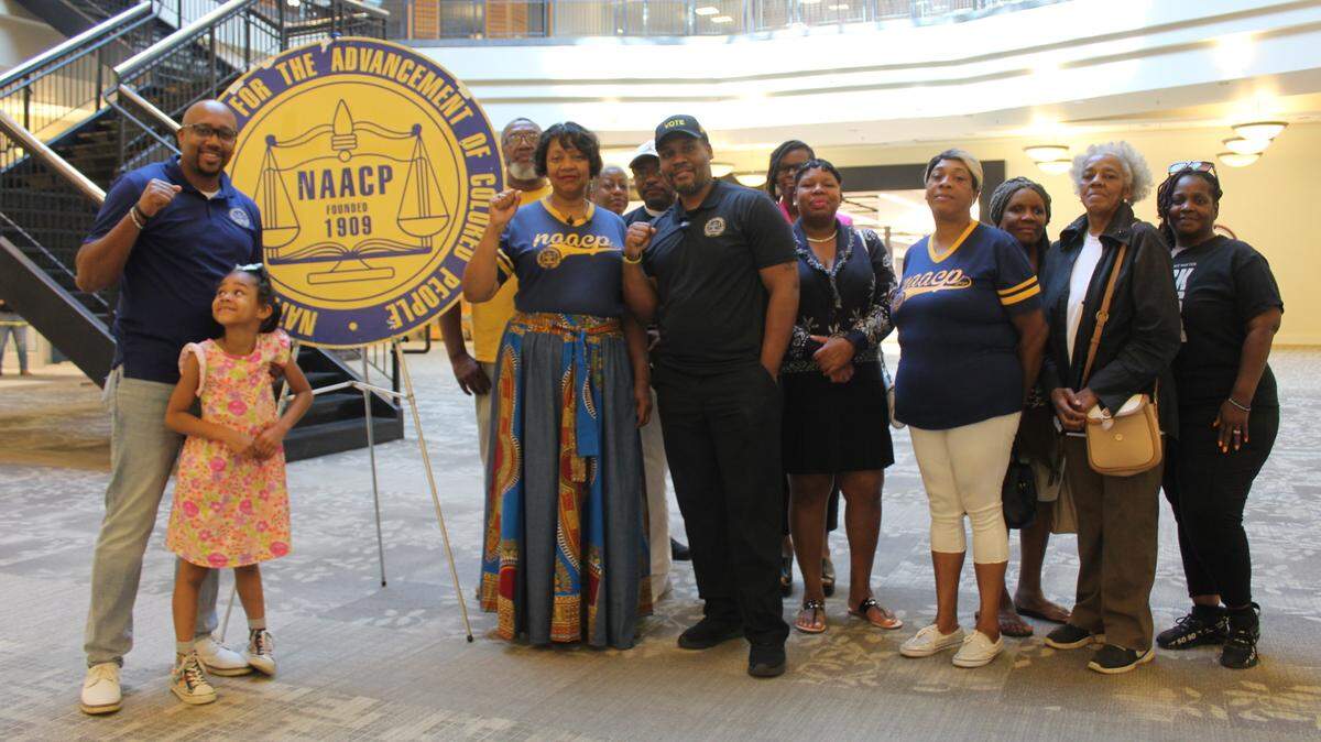 Members of the NAACP’s Georgia and Macon-Bibb County chapters held a press conference in front of the county Board of Elections Office May 10, 2024.
