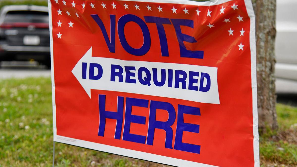 A sign directing voters sits outside of the Elaine Lucas Senior Center on Tuesday, May 14, 2024, in Macon, Georgia. Early voting in the Georgia primaries is open through Friday, Oct. 31.