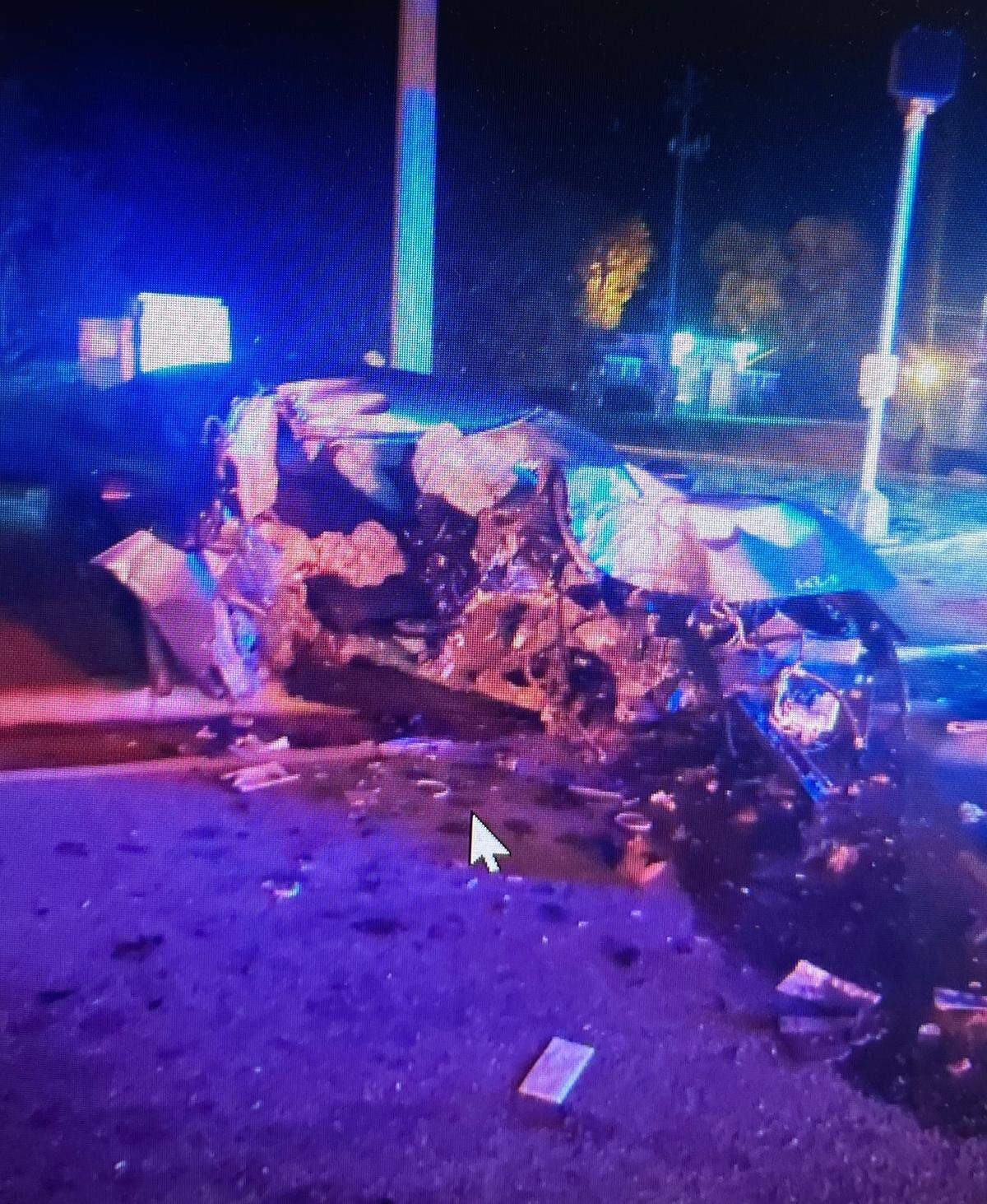 A Kia Seoul was totaled in a fatal crash on Sunday, March 23, 2025, on Bloomfield and Rocky Creek roads in Macon, Ga.