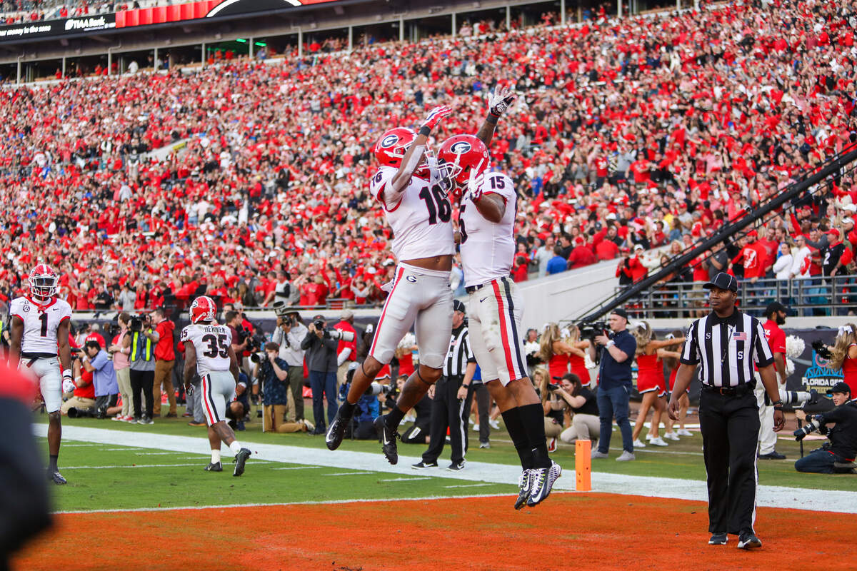 Georgia receiver Lawrence Cager (15), Georgia receiver Demetris Robertson (16) during the Bulldogs’ game against Florida at TIAA Bank Field in Jacksonville, Fl., on Saturday, Nov. 2, 2019.