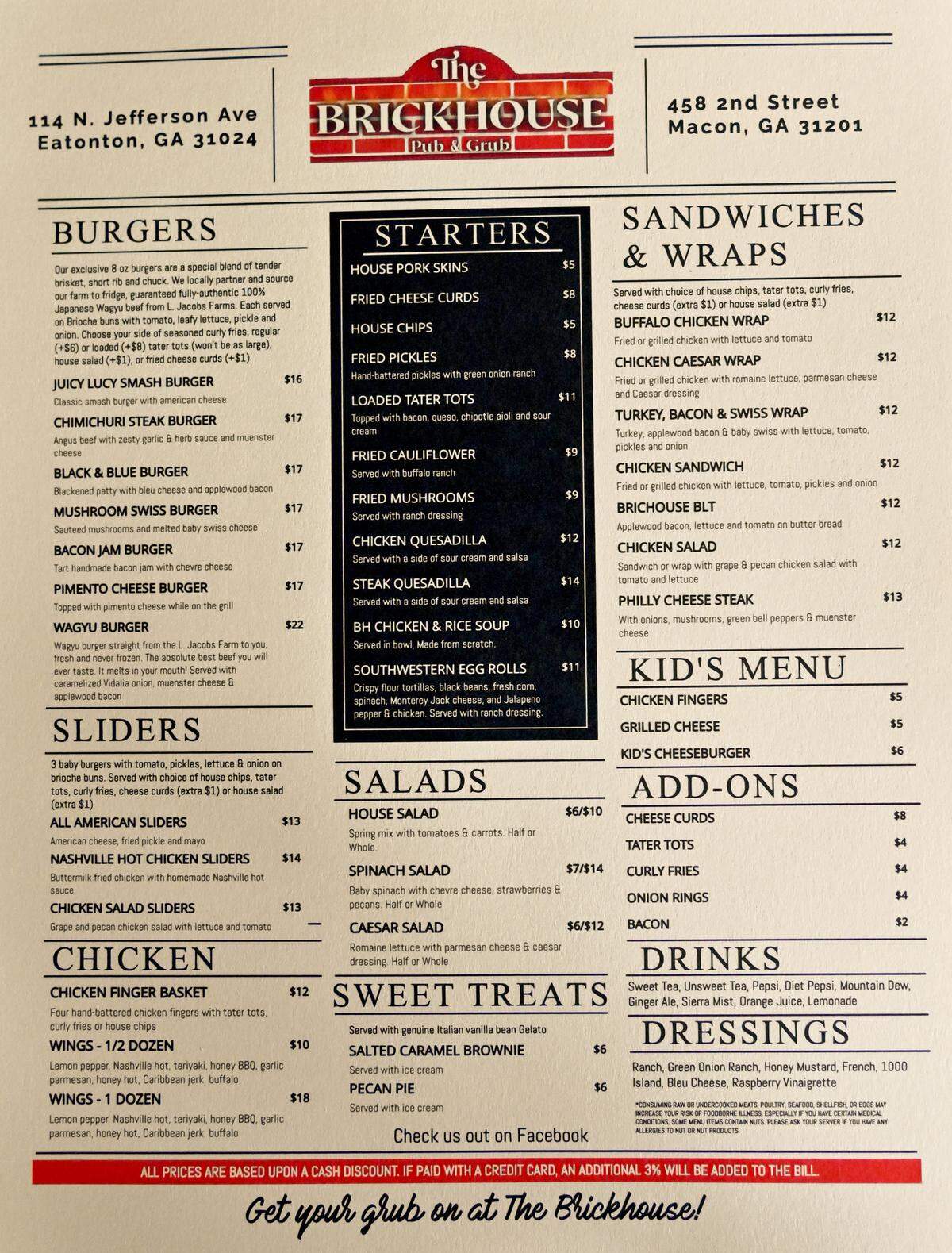 Menu at The Brickhouse Pub & Grub at 458 Second St. in downtown Macon.