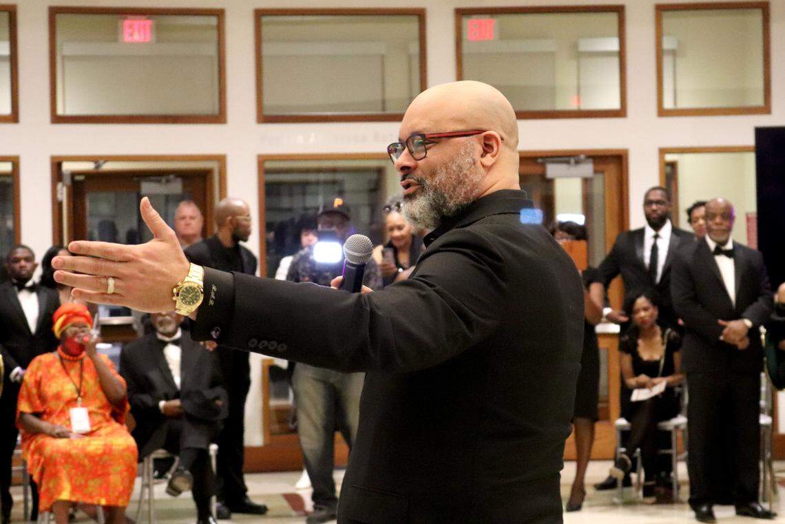 Robert Boyd, COO of Tyler Perry Studios speaks to the crowd about the Tyler Perry exhibit at the Tubman Museum. The exhibit opened on Feb. 18