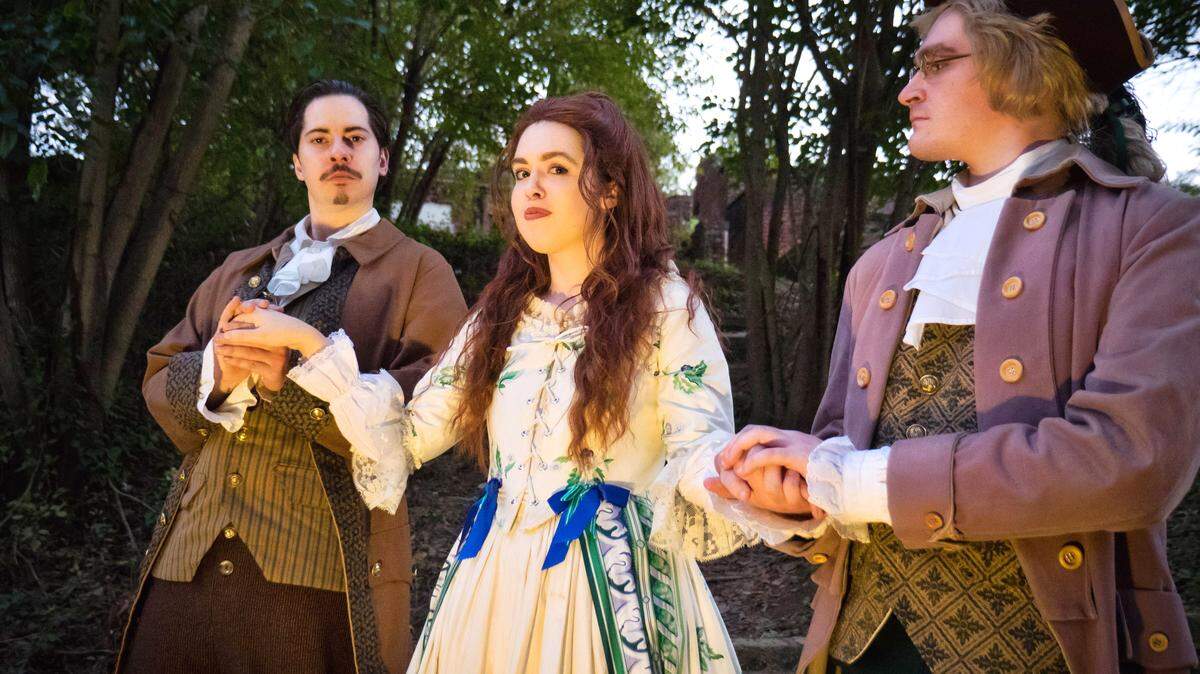 Jon Esnard as Brom Bones, Avery Davis as Katrina Van Tassel and Chas Pridgen as Ichabod Crane are featured in Theatre Macon’s  production of “The Legend of Sleepy Hollow.”