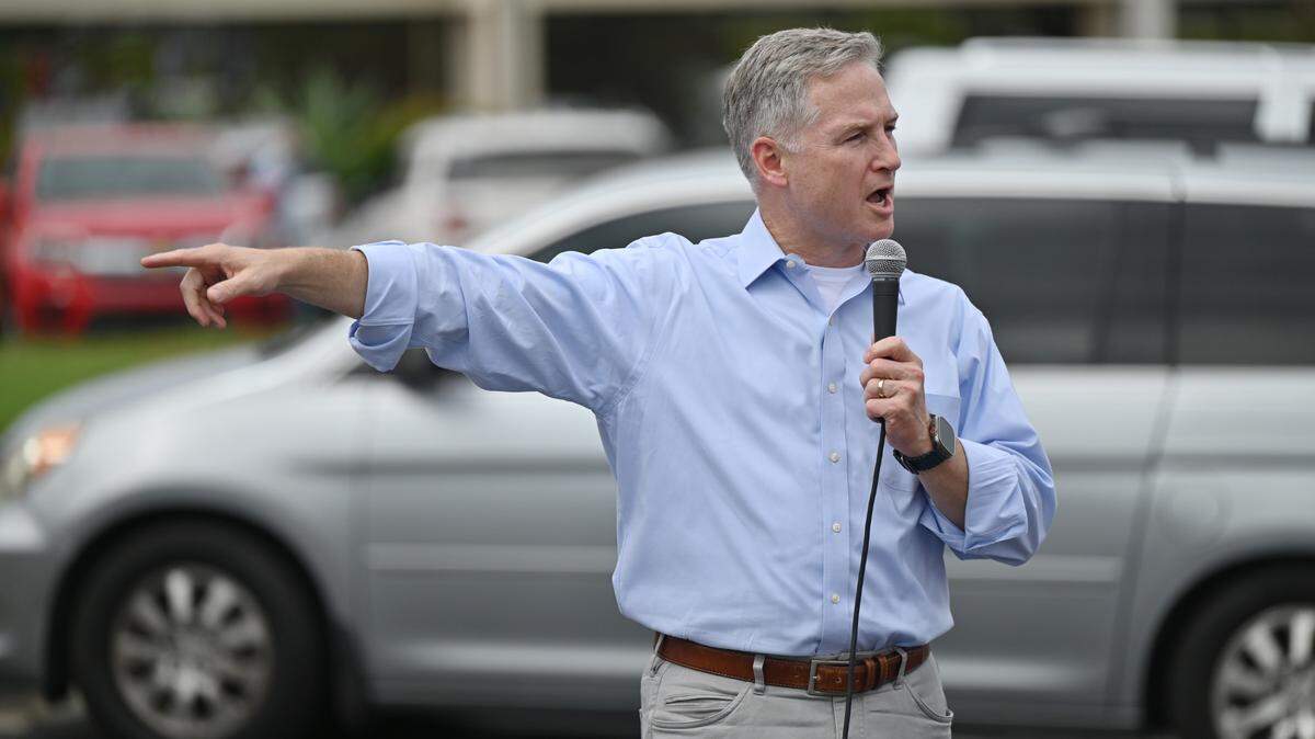 Georgia State Senate Pro Tempore John F. Kennedy speaks to Trump Vance bus tour attendees on Friday, Oct. 4, 2024, outside of the Bibb County GOP office in Macon, Georgia. The Trump Vance presidential campaign made a stop in Macon on a bus tour across Georgia beginning on Friday and traveling throughout the weekend with local and national Republican representatives.