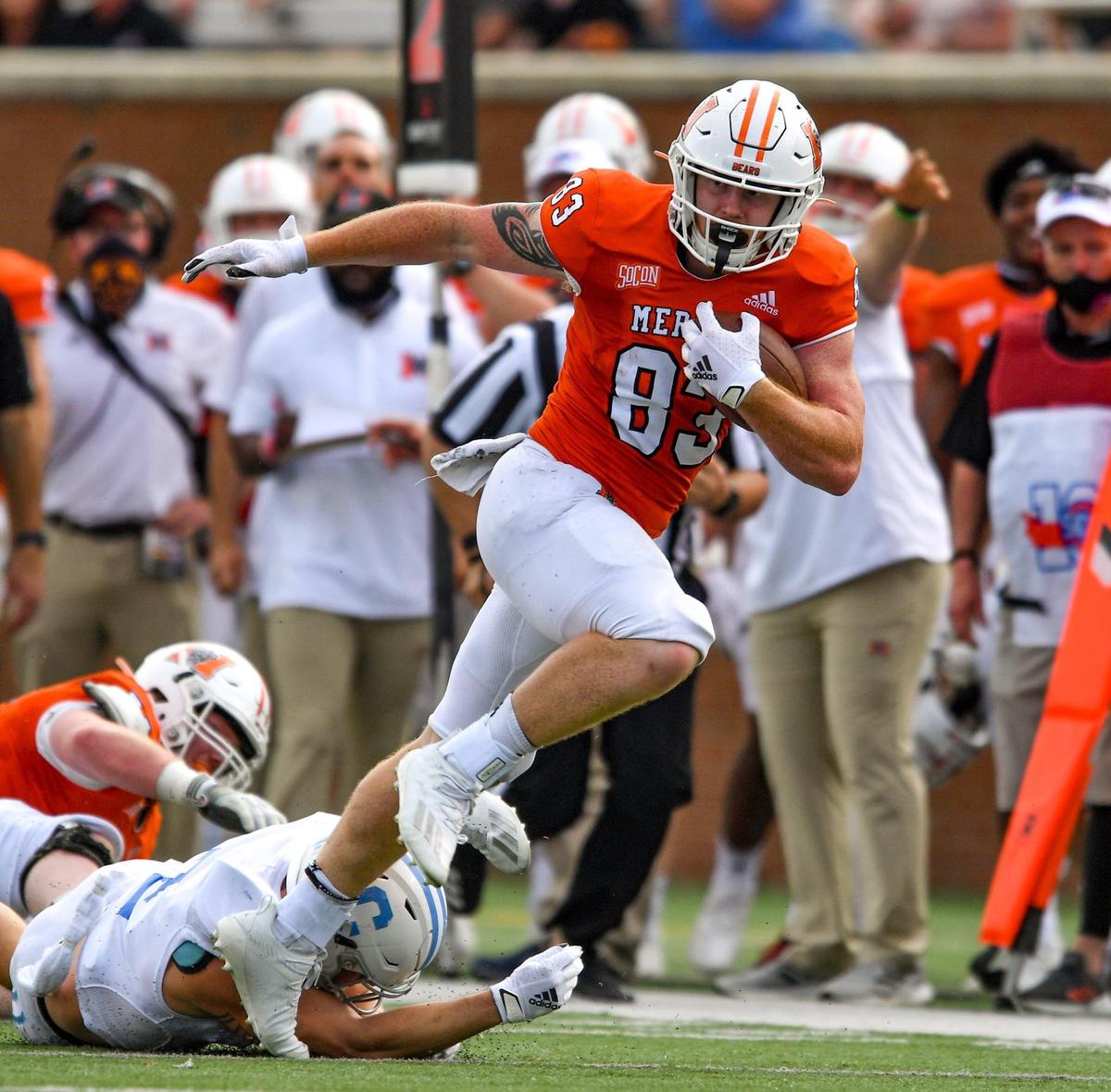 DONN RODENROTH,Macon, Georgia, 02/27/2021: Mercer’s Drake Stark slips a tackle and heads for a first down Saturday as the Bears hosted The Citadel. Mercer beat The Citadel 42-28.