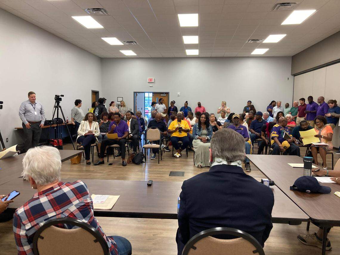 A crowd gathers for an emergency meeting of the Houston County Board of Elections. The board rescinded its decision to disqualify a District 7 school board candidate Clyde Davis in the June runoff election.