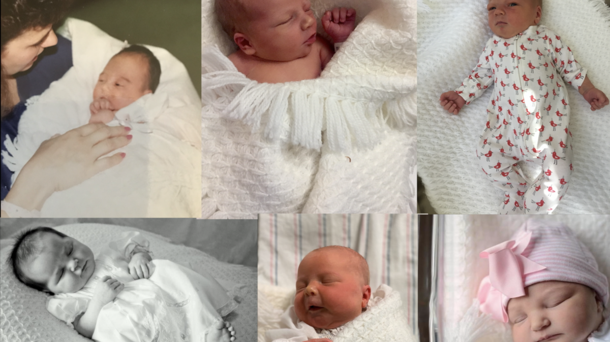 Since Pat Patterson wove a pink blanket for his first grandchild, 19 children have been wrapped in the blanket. Clockwise, from top left: Pam Meharg with daughter, Haley; Cash Collins; Cole Collins; Blair Collins; Macon Lilly Collins and Sullivyn Jackson.
