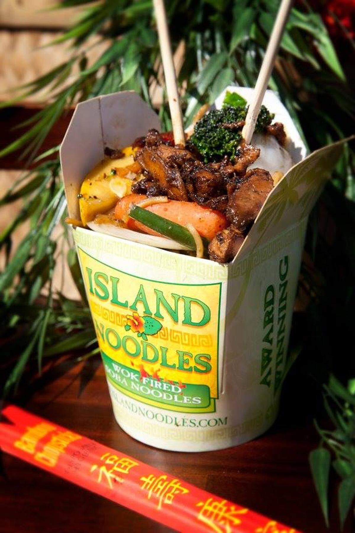 Island Noodles serves healthy wok-fired noodles and fresh vegetables.