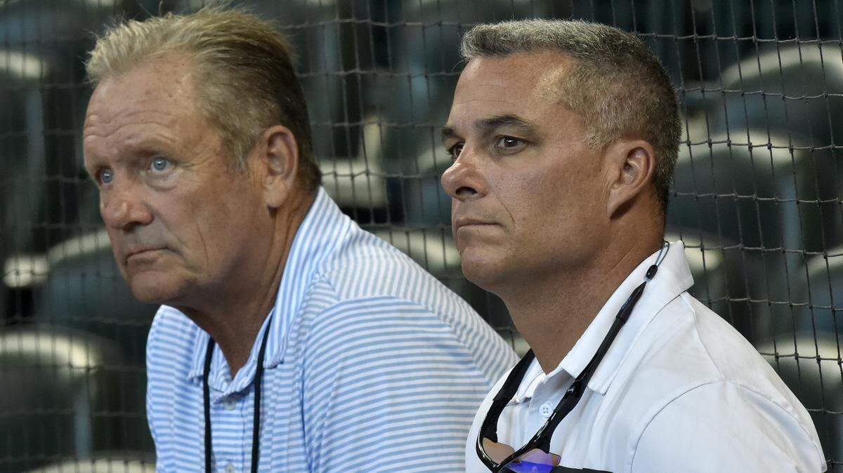 Kansas City Royals Hall of Famer George Brett, left, and general manager Dayton Moore as the team practices on Saturday, Oct. 10, 2015, at Minute Maid Park in Houston ahead of Sunday's Game 3 of the ALDS against the Houston Astros.
