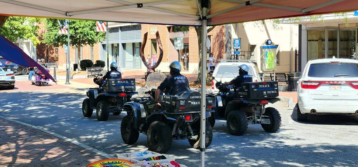 Columbus police patrol during a ColGay Pride event Oct. 1.