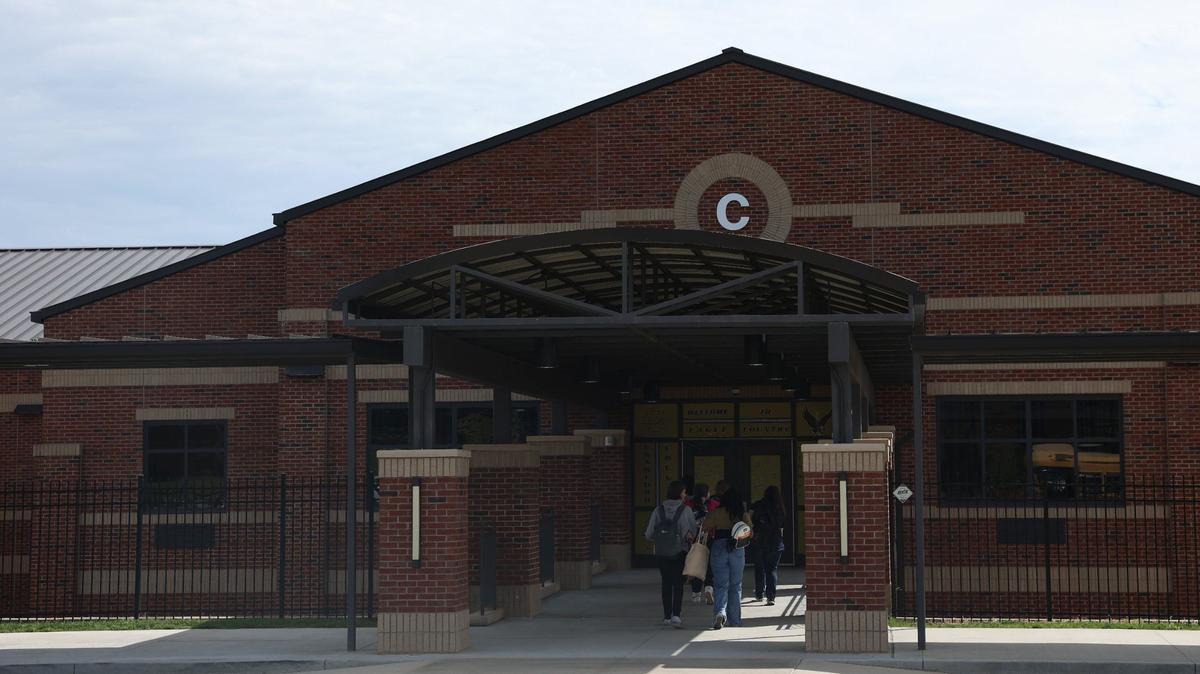 Students walk into Crawford County Middle High School on Thursday, Sept. 5, 2024, in Roberta, Georgia.