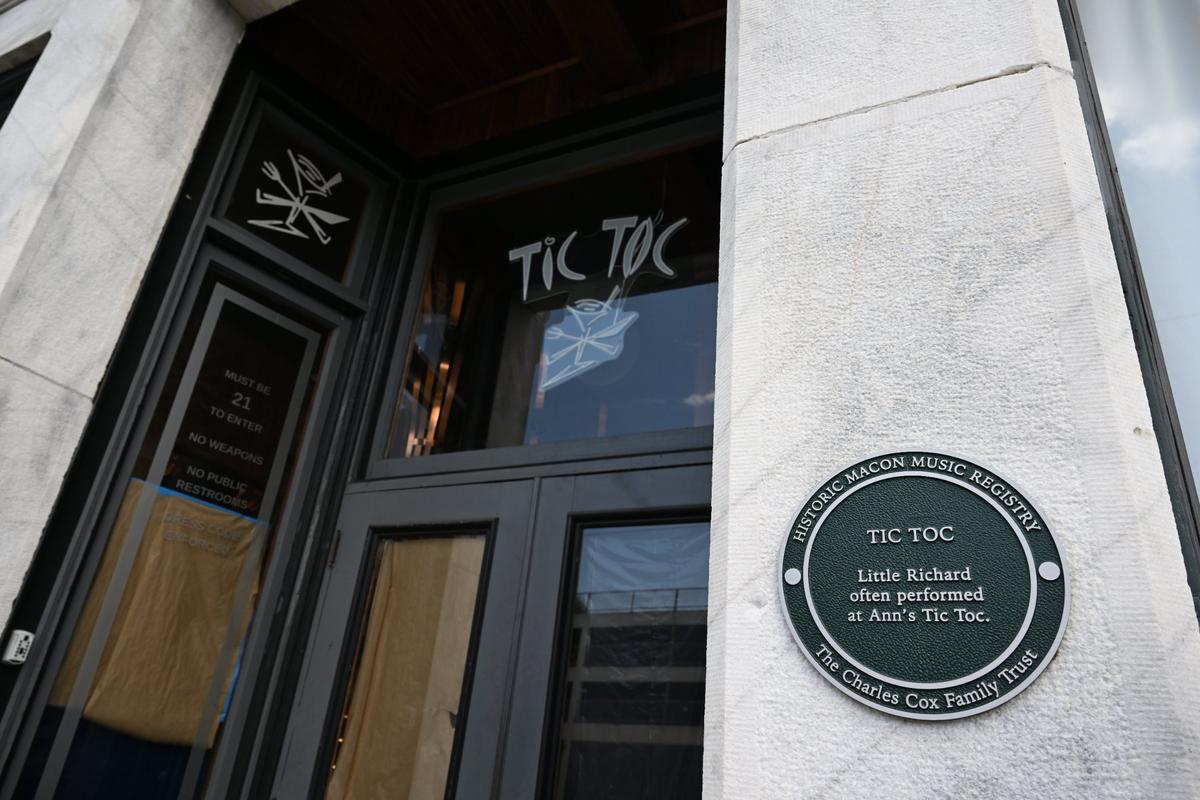 A Historic Macon Music Registry marker sits outside of the new Tic Toc on Tuesday, June 10, 2025, in Macon, Georgia. The new bar and restaurant will be open until 2 a.m. on weekends.