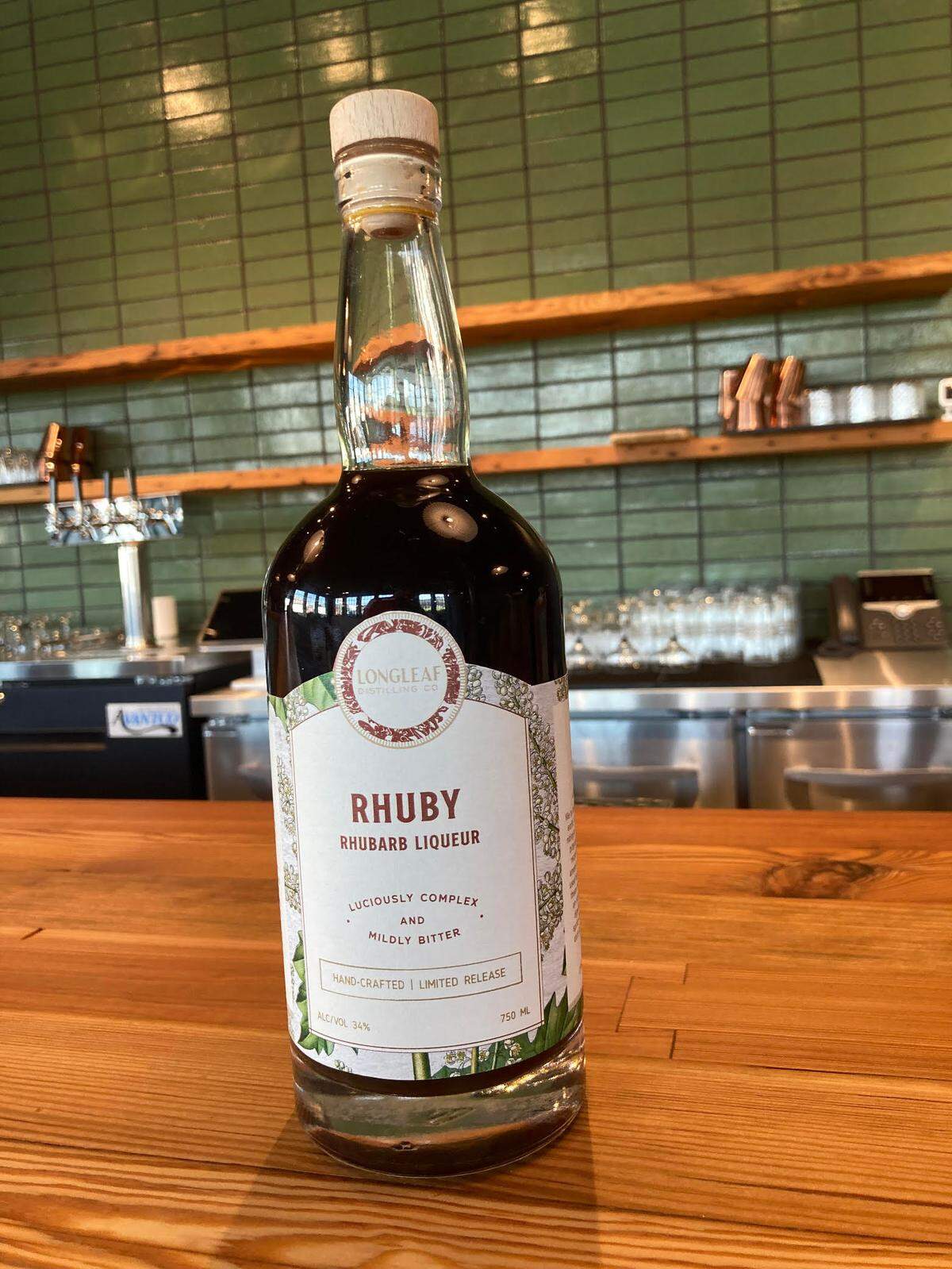 A bottle of Rhuby, a rhubarb liqueur from Longleaf Distillery opening soon in downtown Macon,.