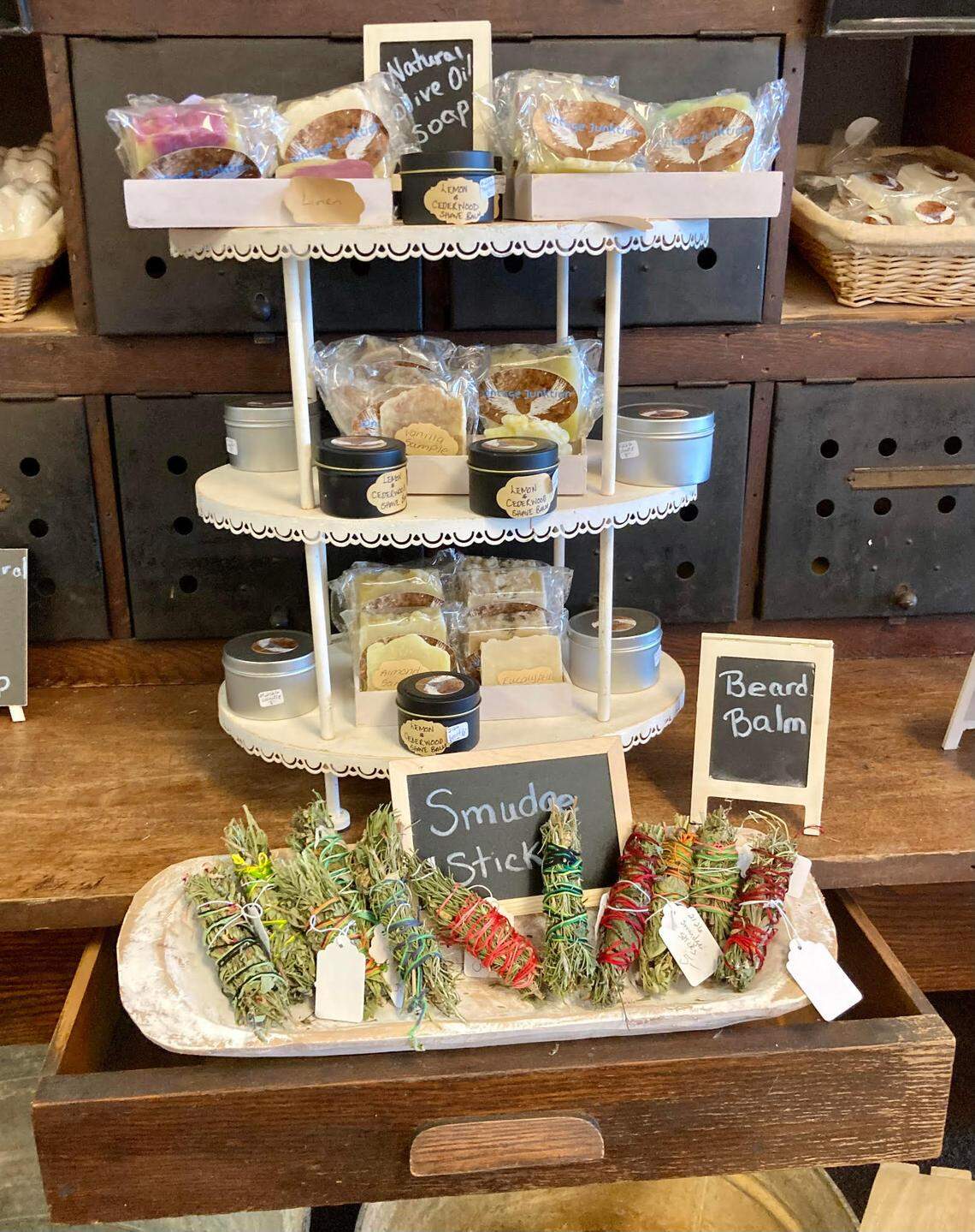 Among the antiques and vintage clothing, jewelry and furniture, shoppers also can find natural olive oil soap, beard balm and smudge sticks.