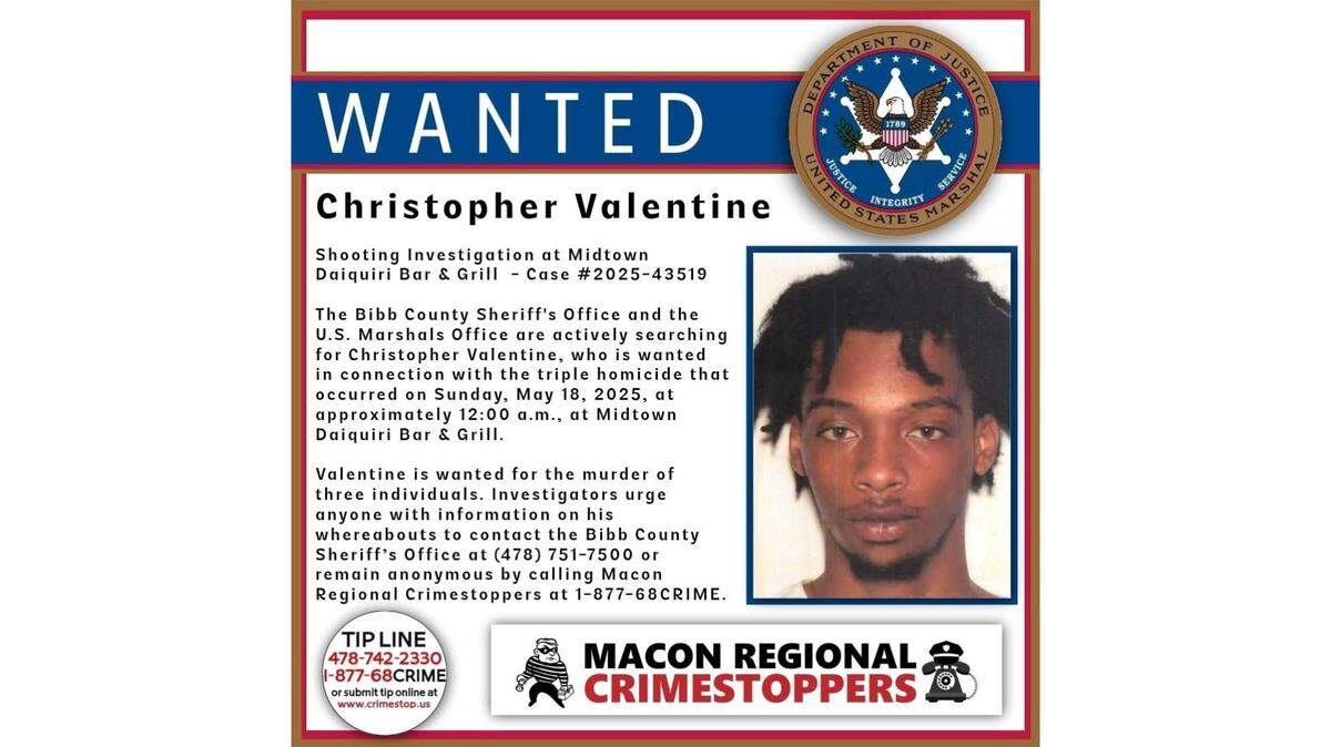 Bibb County deputies are seeking the public’s help to find Christopher Clyde Valentine Jr., wanted for three murders in a deadly shooting at Macon’s Midtown Bar. He is described as a Black male, five-foot-four inches in height and weighs approximately one hundred twenty pounds