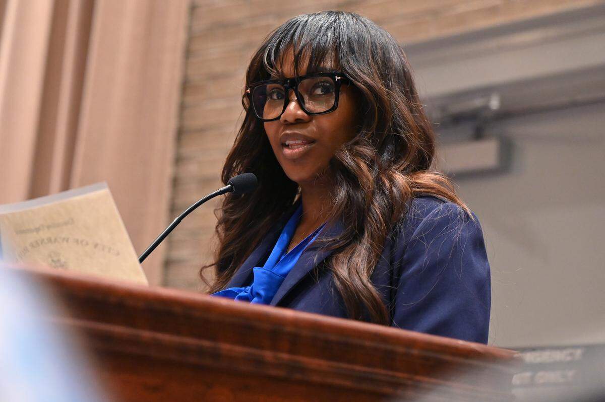 Warner Robins Mayor LaRhonda Patrick reads a proclamation during a mayor and council meeting on Monday, March 2, 2026, at City Hall in Warner Robins, Georgia.