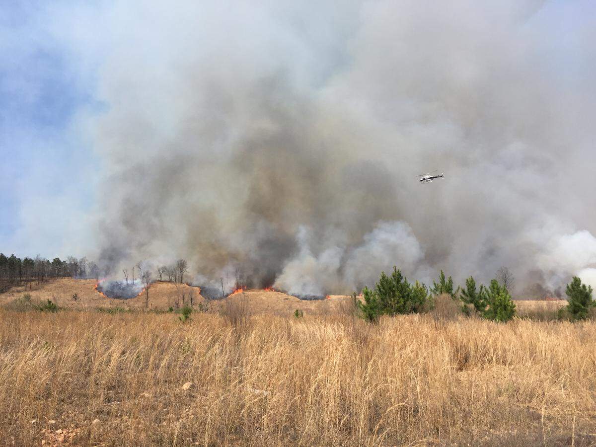 A helicopter drops pellets of flammable potassium permanganate into the brush below during a prescribed fire at the Sprewell Bluff Wildlife Management Area in western Georgia on March 7, 2019.