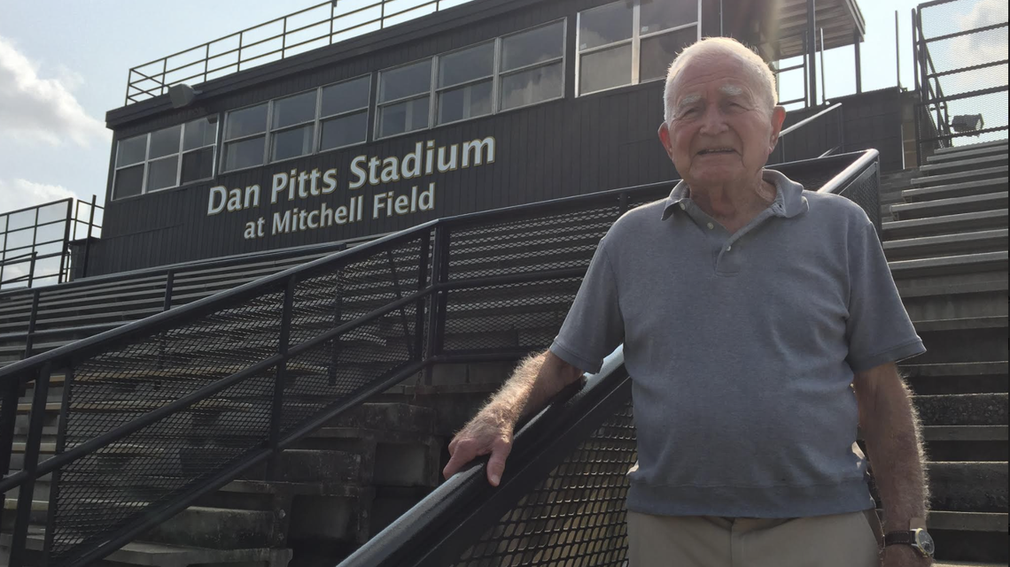 Former Mary Persons football head coach Dan Pitts stands in the stadium named in his honor. The 88-year-old is a lifelong fan of The Masters and began attending the tournament in 1956.