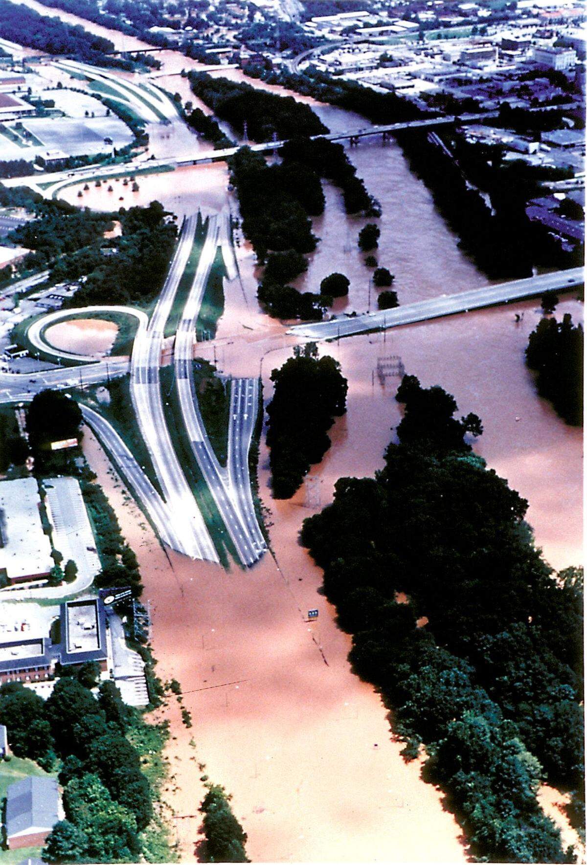 Aerial view of flooding along I-16 near downtown Macon during Flood of 1994.