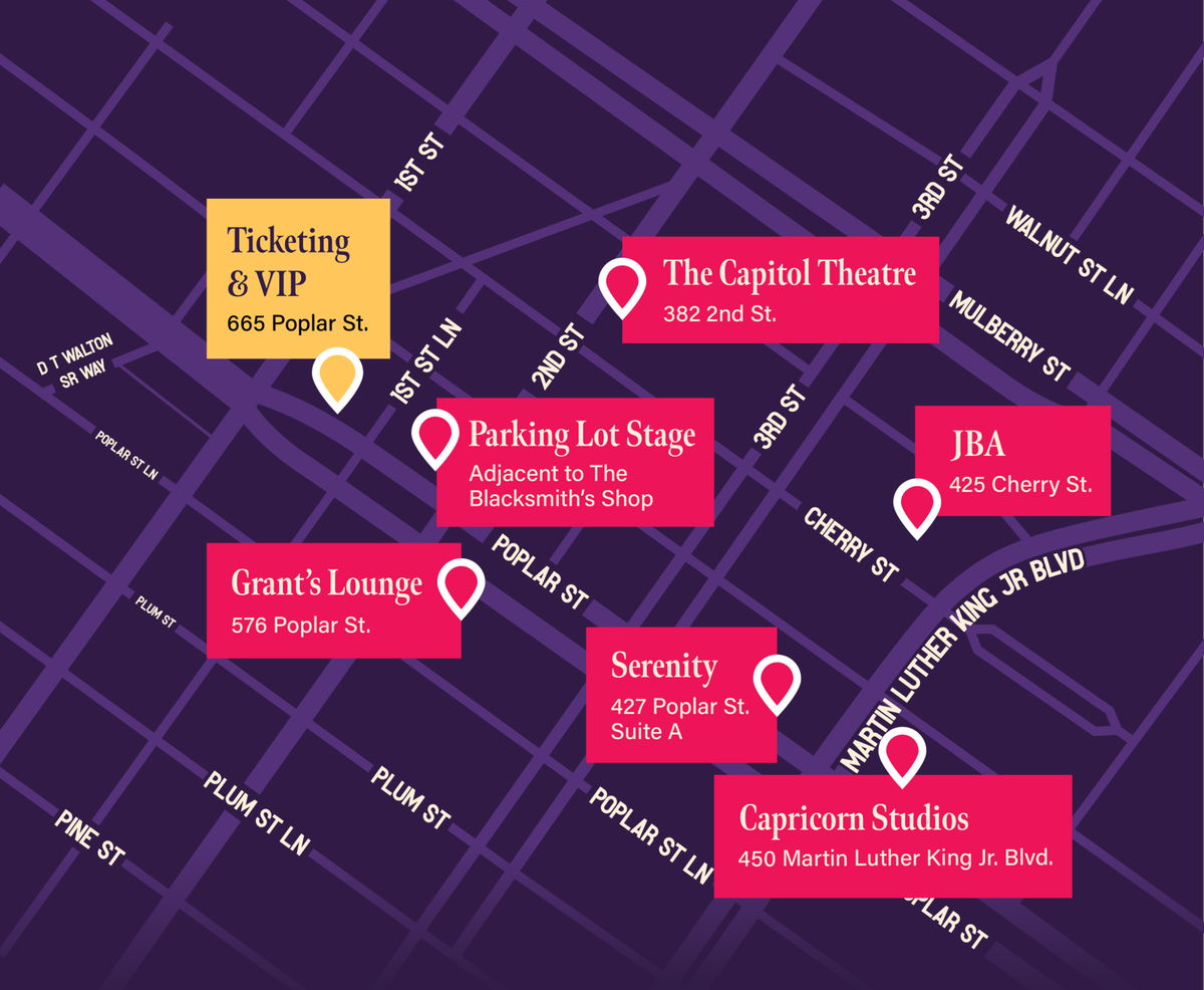 Map of concert crawl performances for Bragg Jam 2024