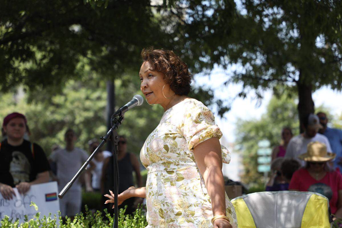 Rep. Miriam Paris speaks during a pro-choice rally in downtown Macon Sunday morning.