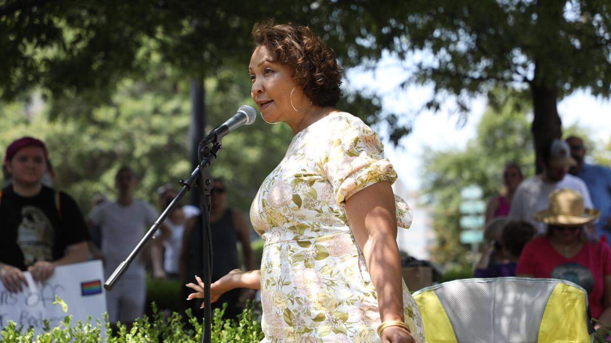 Rep. Miriam Paris speaks during a pro-choice rally in downtown Macon Sunday morning.
