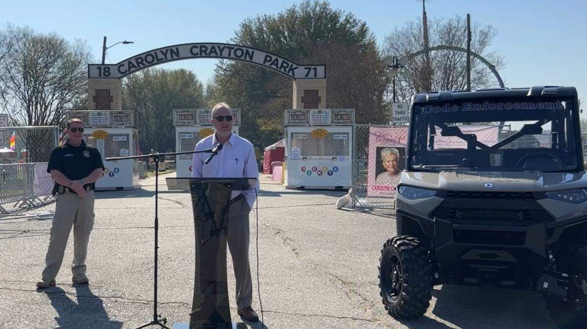 Mayor Lester Miller speaks at a press conference on Thursday to announce the county has added six new Polaris Ranger ATVs to law enforcement agencies in an effort to improve public safety.