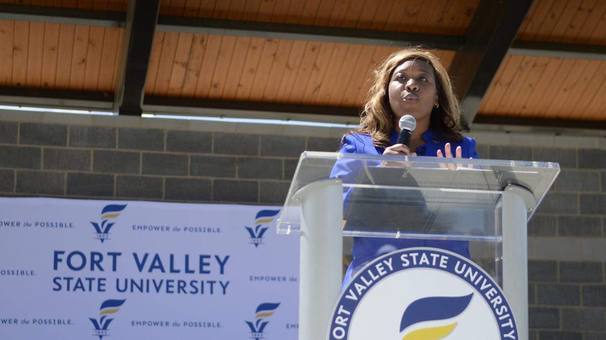 Fort Valley State’s new athletic director Renae Myles Payne introduces herself to students and spectators at a press conference on the school’s campus Thursday.
