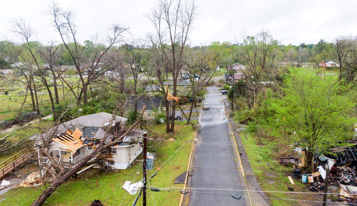 Drone photo down Fraley Ave. in Milledgeville after strong storms rolled through over the weekend.