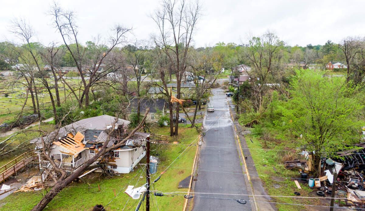 Drone photo down Fraley Ave. in Milledgeville after strong storms rolled through over the weekend.