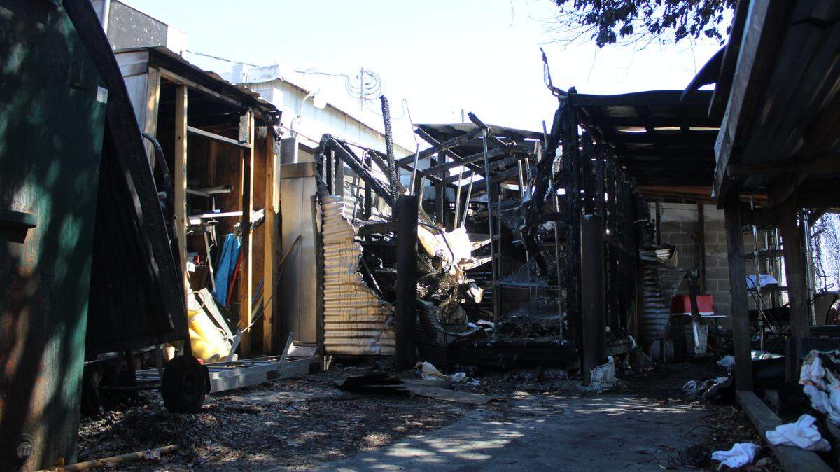 Two sheds were destroyed and supplies were still covered in soot Monday, March 17, 2025, after a fire broke out Saturday behind Jim Shaw’s Seafood Grill at 3040 Vineville Avenue in Macon, Ga.