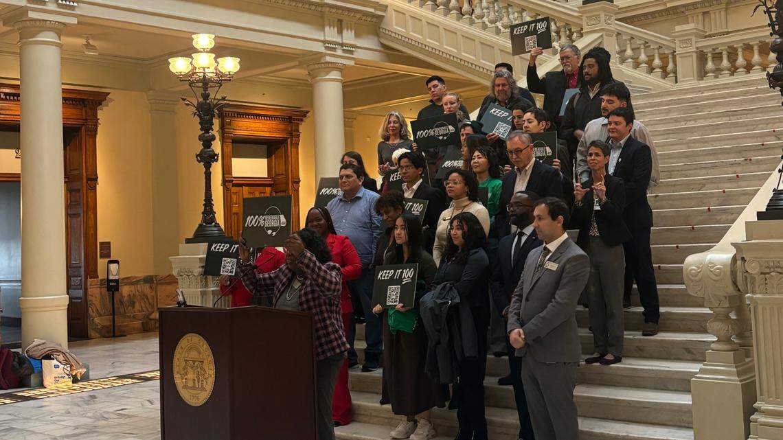 Representative Kim Schofield was among the Georgia Conservation Voters on Monday, Jan. 27, 2025, at the state capitol in Atlanta, Georgia.