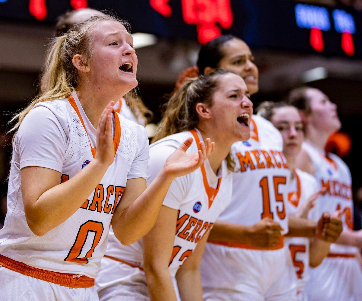 The Mercer bench cheers as the Bears face Samford Friday morning during the Southern Conference tournament.