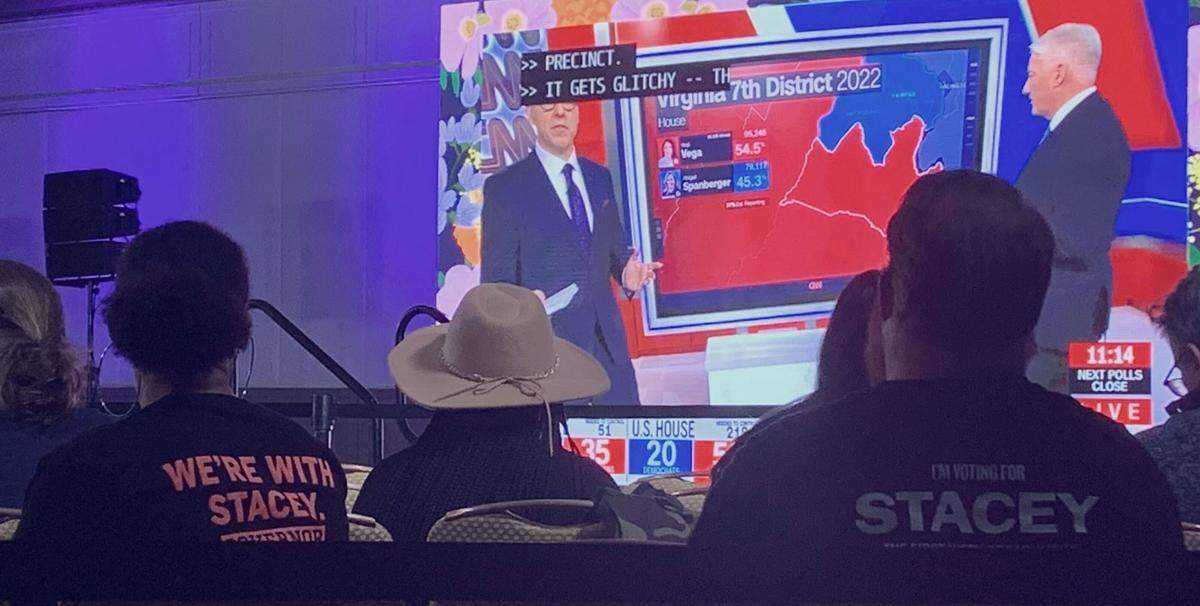 Stacey Abrams supporters watch election results come in at a watch party for the gubernatorial candidate.