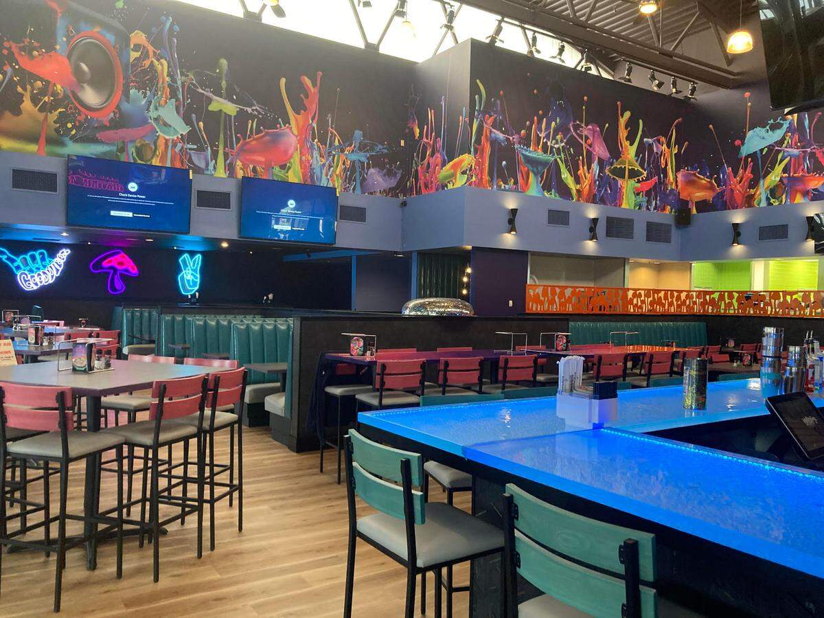 Dining area at Mellow Mushroom in Warner Robins after a remodel.