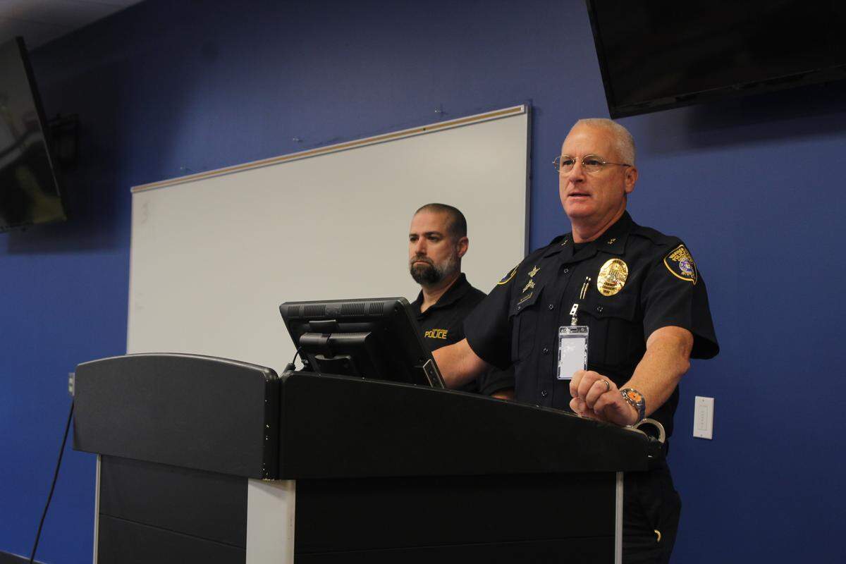Warner Robins Police Department Chief Wayne Fisher (right) and Lt. Justin Clark discuss how a gun return program will work, and ask the public for crime tips during a press conference on Thursday, Nov. 13, 2025, at the department at 100 Watson Boulevard.