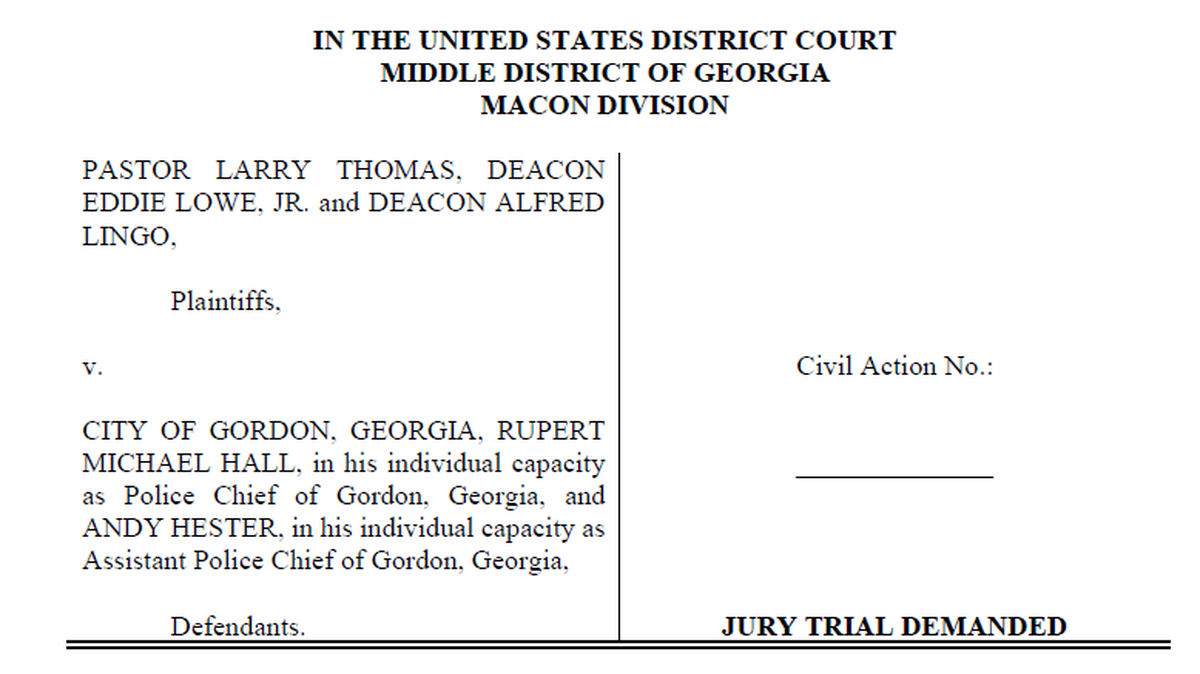 The first page of the lawsuit that Pastor Larry Thomas, Deacon Eddie Lowe Jr. and Deacon Alfred Lingo, leadership of the New Corinth Green Grove Missionary Baptist Church, filed against the city of Gordon, former Police Chief Michael Hall and Assistant Police Chief Andy Hester. It alleges that the defendants violated federal statutes after an incident in 2023 in which 66 people voted leadership out.